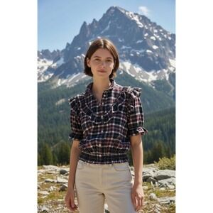 American Eagle Seriously Soft Plaid Western Shirt Short Sleeve Elastic Waist L #